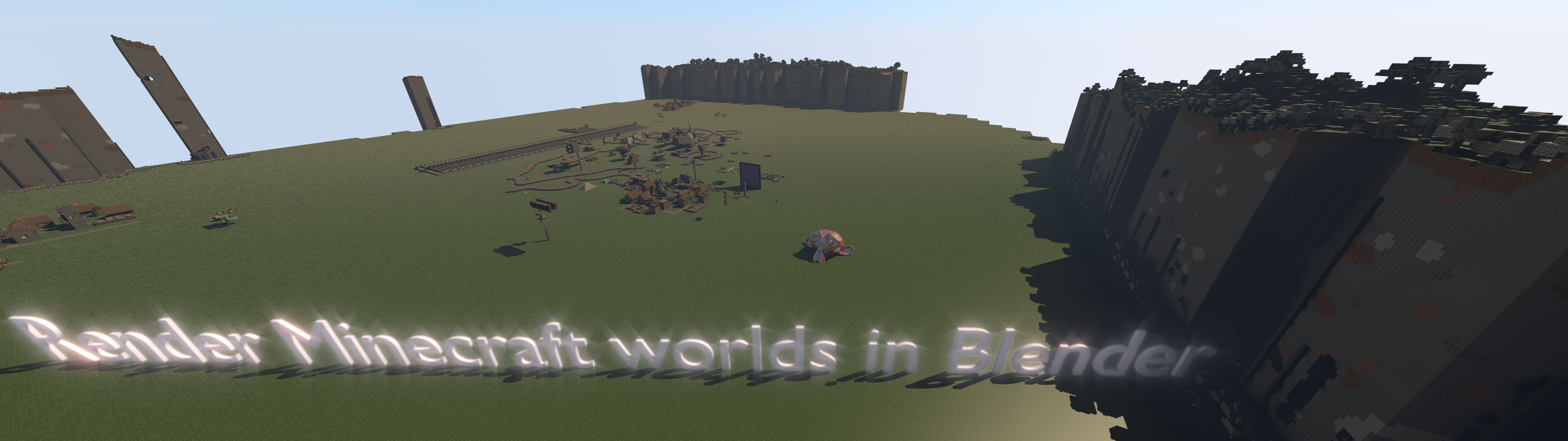 Panorama from a bird's eye view of a Minecraft flatland world. At the edges of the world, normal (non-flatland) chunks are generated, causing a significant cliff because they are a lot taller. On the flatland grass, there is a Blender Suzanne (the mascot monkey) and the 3D text "Render Minecraft worlds in Blender"